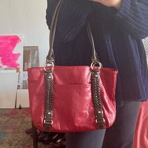 Cherry Red Shoulder Bag with Braided Brown Straps